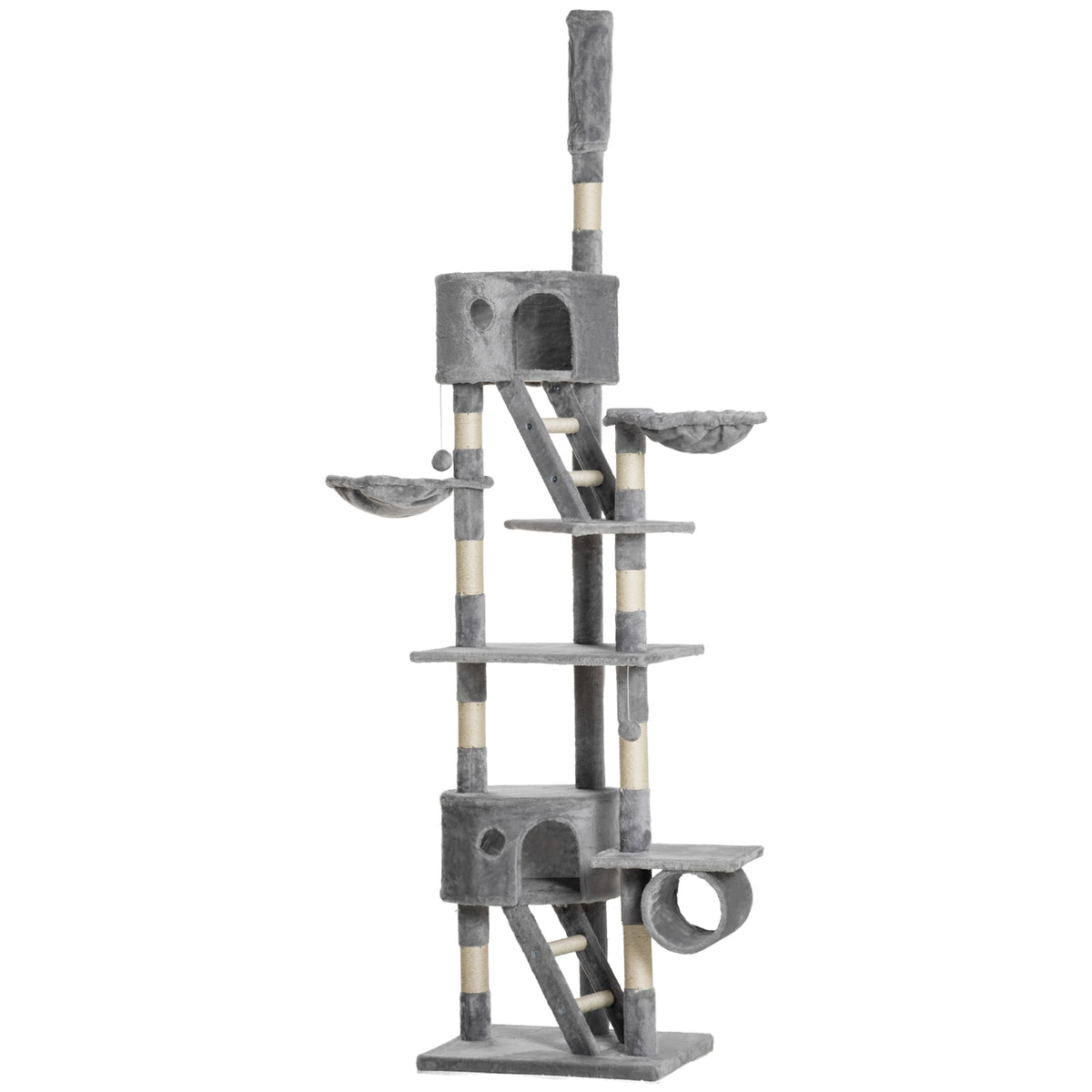 Floor-to-ceiling cat tree, height-adjustable cat tower from 240-260 cm with multiple levels, light gray