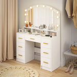 Coiffeuse avec Miroir, Lumières LED Réglable 3 Couleurs, 7 Tiroirs, 3 Compartiments Ouverts, 110 x 40 x 150 cm, Blanc