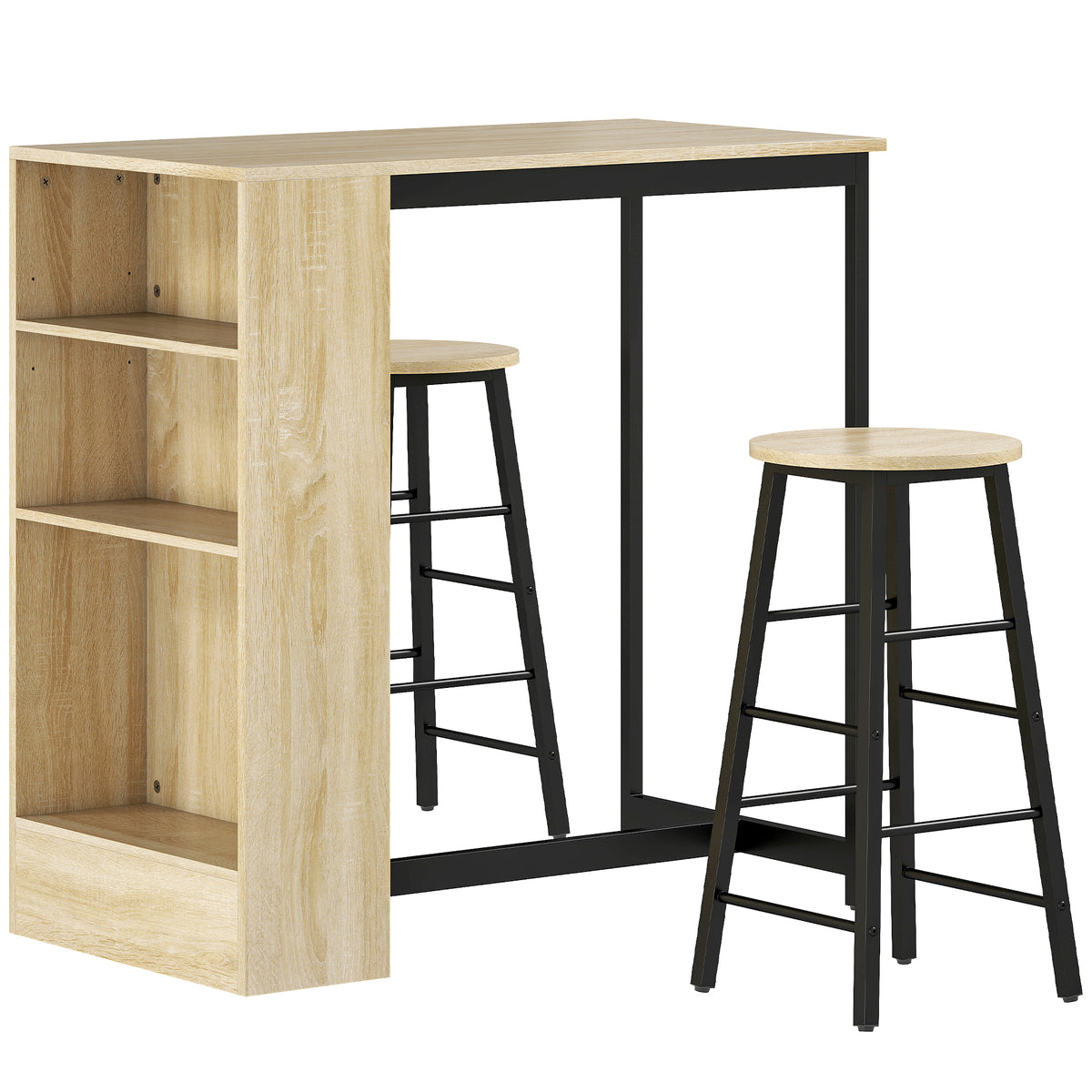 Bartisch-Set mit Hockern, offenen Fächern, verstellbarem Regal und Fußstützen, Eiche und Schwarz