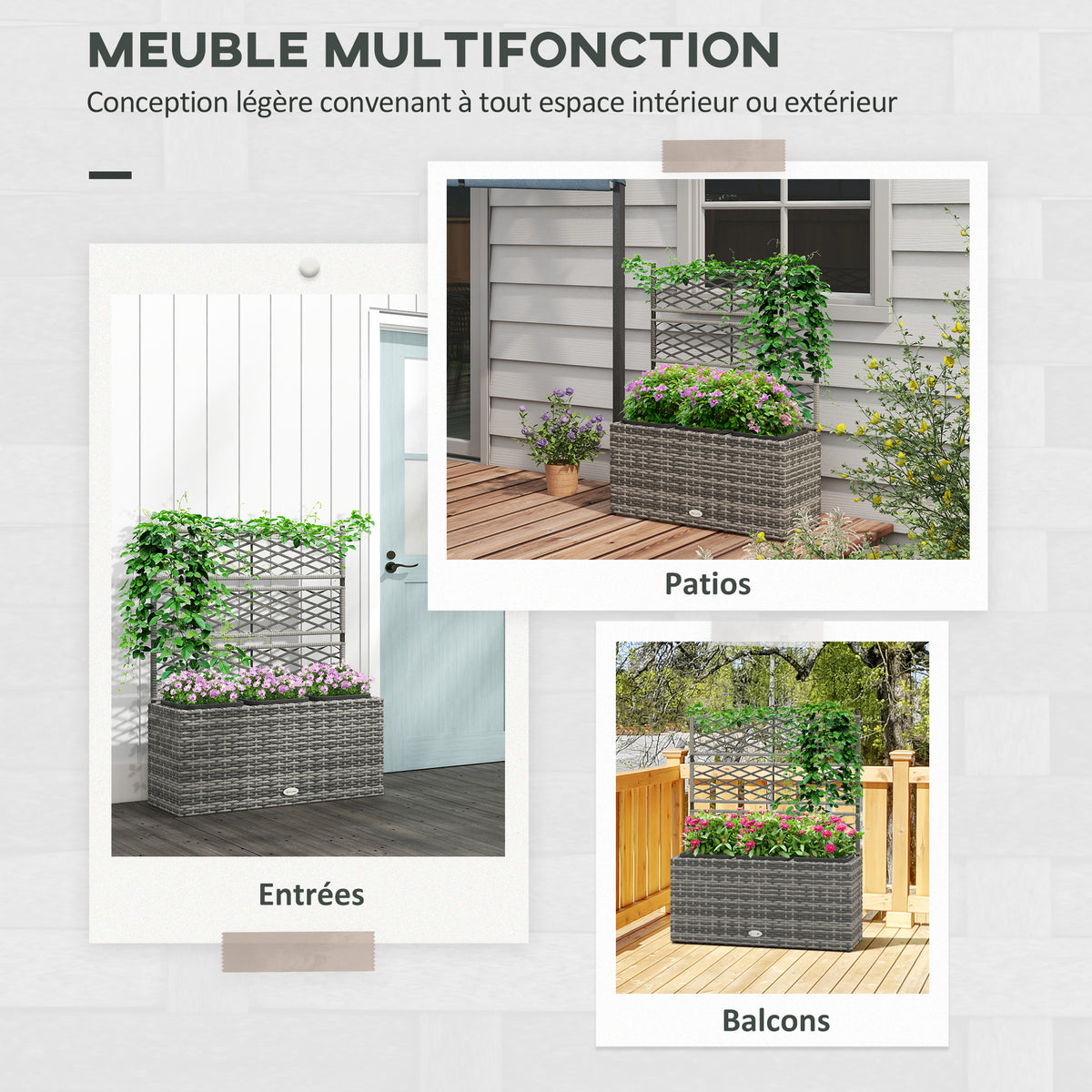 Jardinière pour plantes avec treillis 3 bacs à plante 33L en résine tressée et acier dim. 84L x 30L x 107H cm
