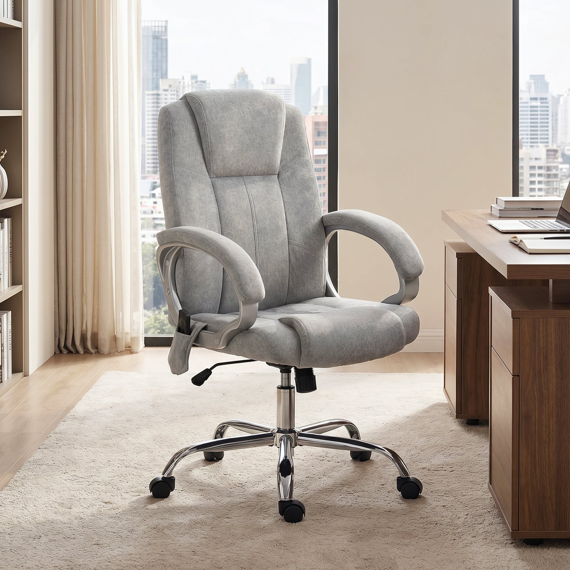 Fauteuil de Bureau Massant et Chauffant, Chaise de Bureau Ergonomique, Hauteur et Accoudoirs Réglables, Gris
