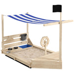 Bac à sable en bois avec jeu de cuisine 6 accessoires coffre rangement gouvernail drapeau 180 x 103 x 144,5 cm naturel
