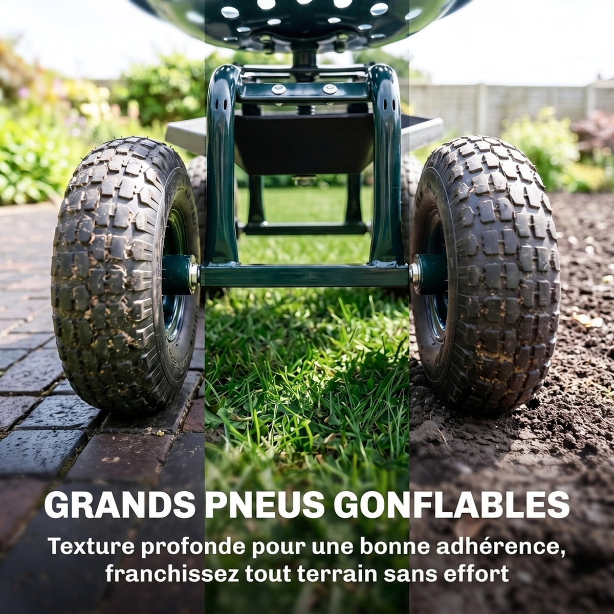 Asiento de jardín con ruedas giratorio 360° y regulable en altura con bandeja para herramientas, carga máx. 150 kg, verde