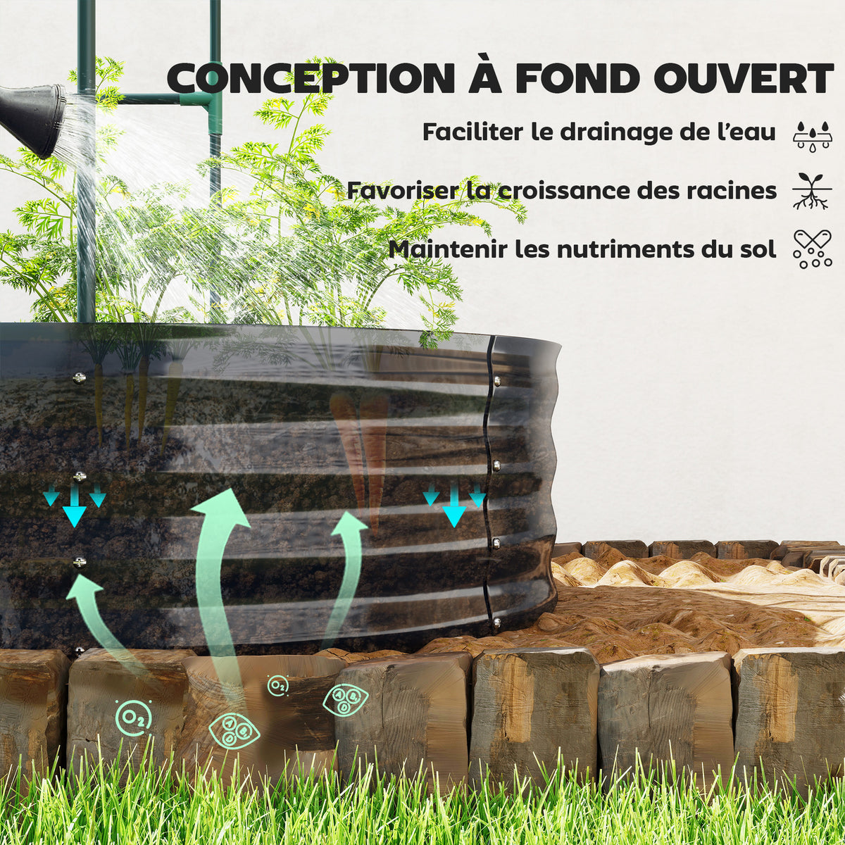 Jardinière avec treillis arqué, bac à fleurs en métal avec fond ouvert, gants inclus, 160x90x180cm, gris foncé