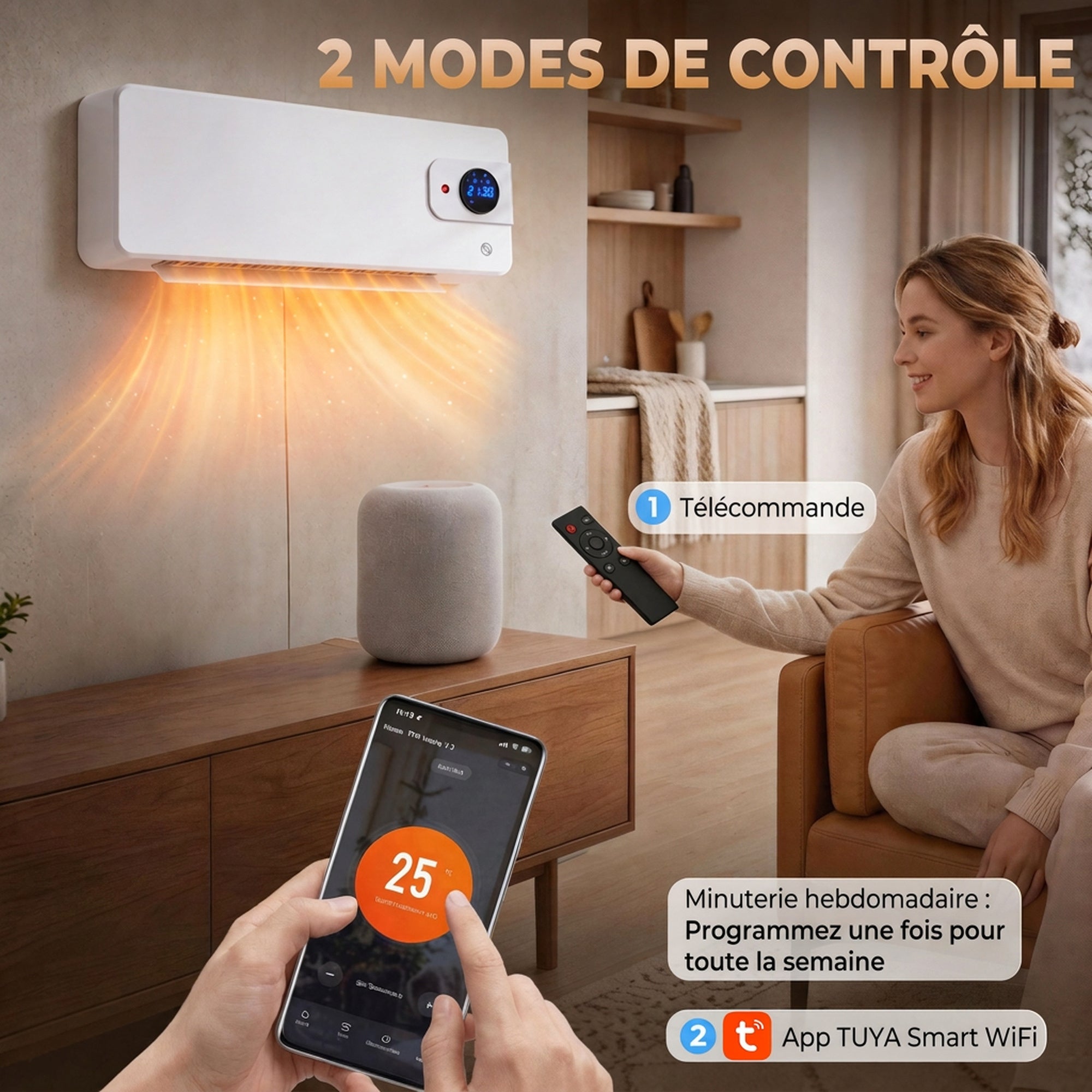 Calefactor de Pared Radiador Eléctrico 2000W Cerámico PTC Oscilación WiFi Termostato 54x12,5x18,7cm Blanco