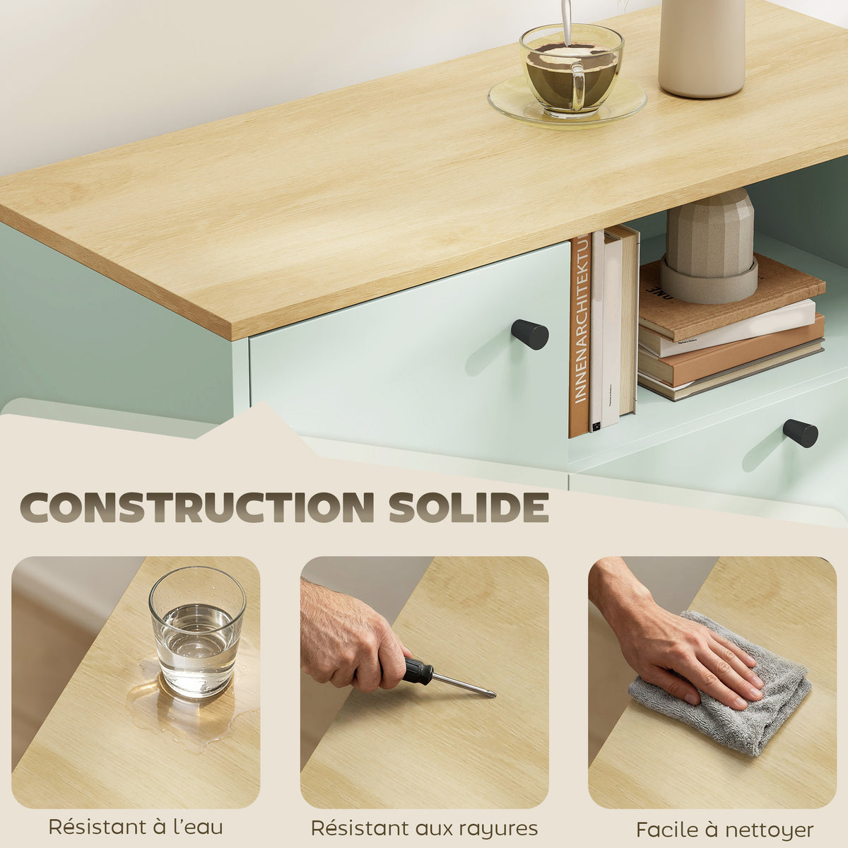Buffet salon, meuble de rangement avec porte, 2 tiroirs, compartiment ouvert et étagère réglable, vert clair et chêne