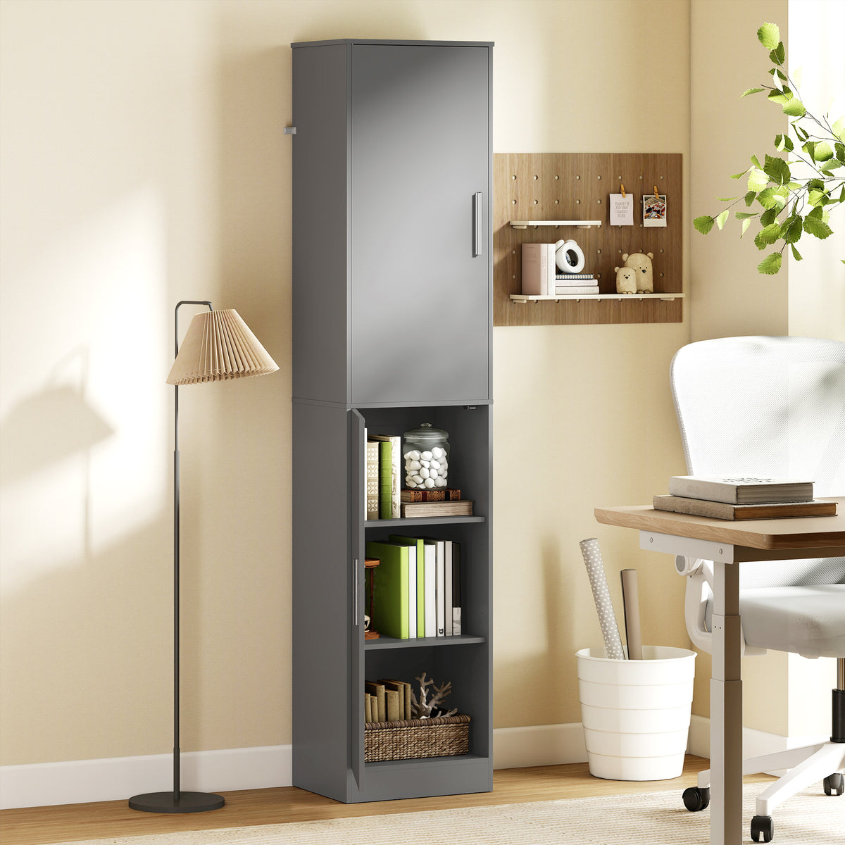 Mobile colonna per bagno con 2 ante e 4 ripiani regolabili, 40 x 35 x 180 cm, grigio