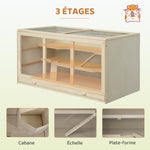 Jaula para hámster y jerbos de 2 niveles con techo abatible, ventanas, caseta y 2 escaleras, 115 x 57 x 55 cm, efecto madera natural