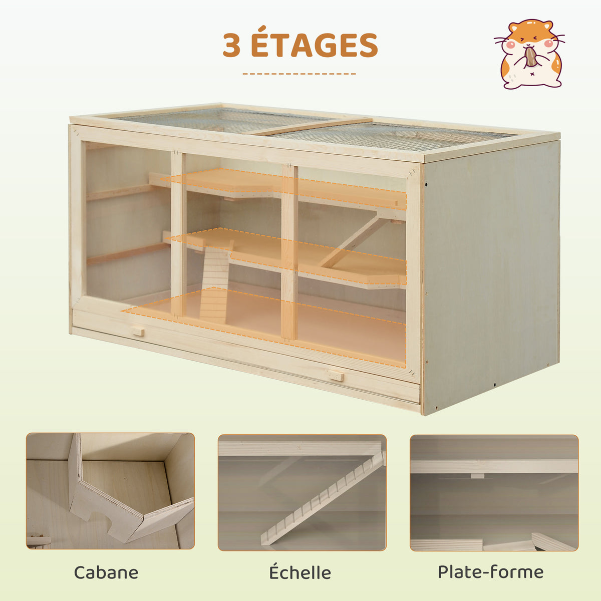 Jaula para hámster y jerbos de 2 niveles con techo abatible, ventanas, caseta y 2 escaleras, 115 x 57 x 55 cm, efecto madera natural