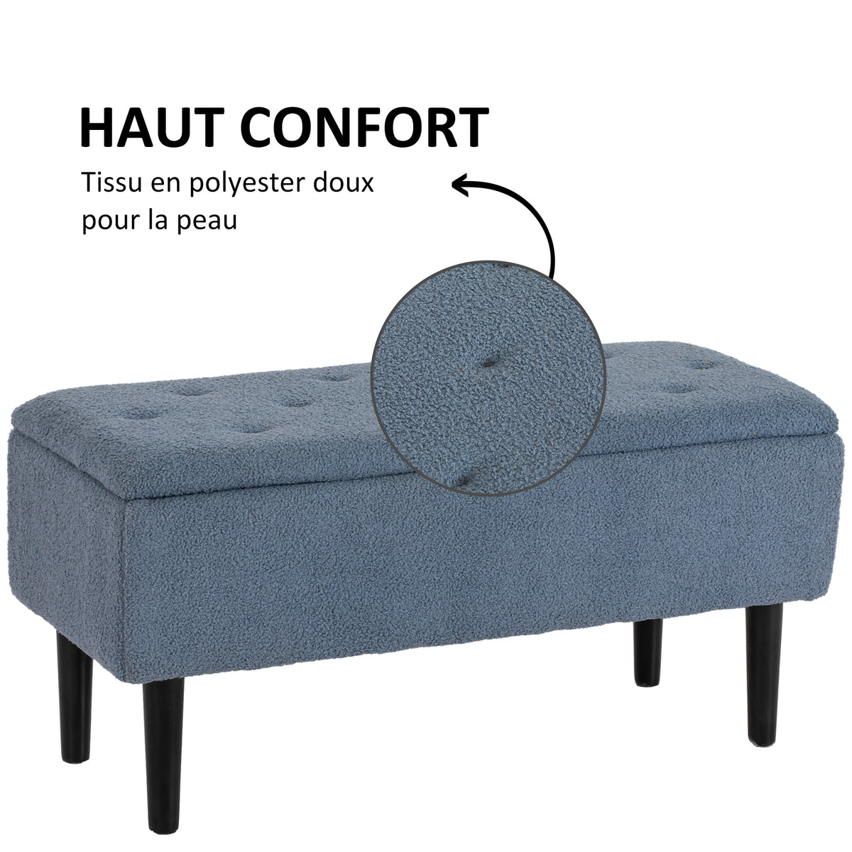Banc de rangement coffre de rangement revêtement bouclette, pieds en bois de caoutchouc 95 x 38 x 45 cm bleu