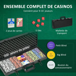 Mallette de Poker Coffret de Poker Complet, avec 500 jetons 5 dés 2 Jeux de Cartes 3 boutons