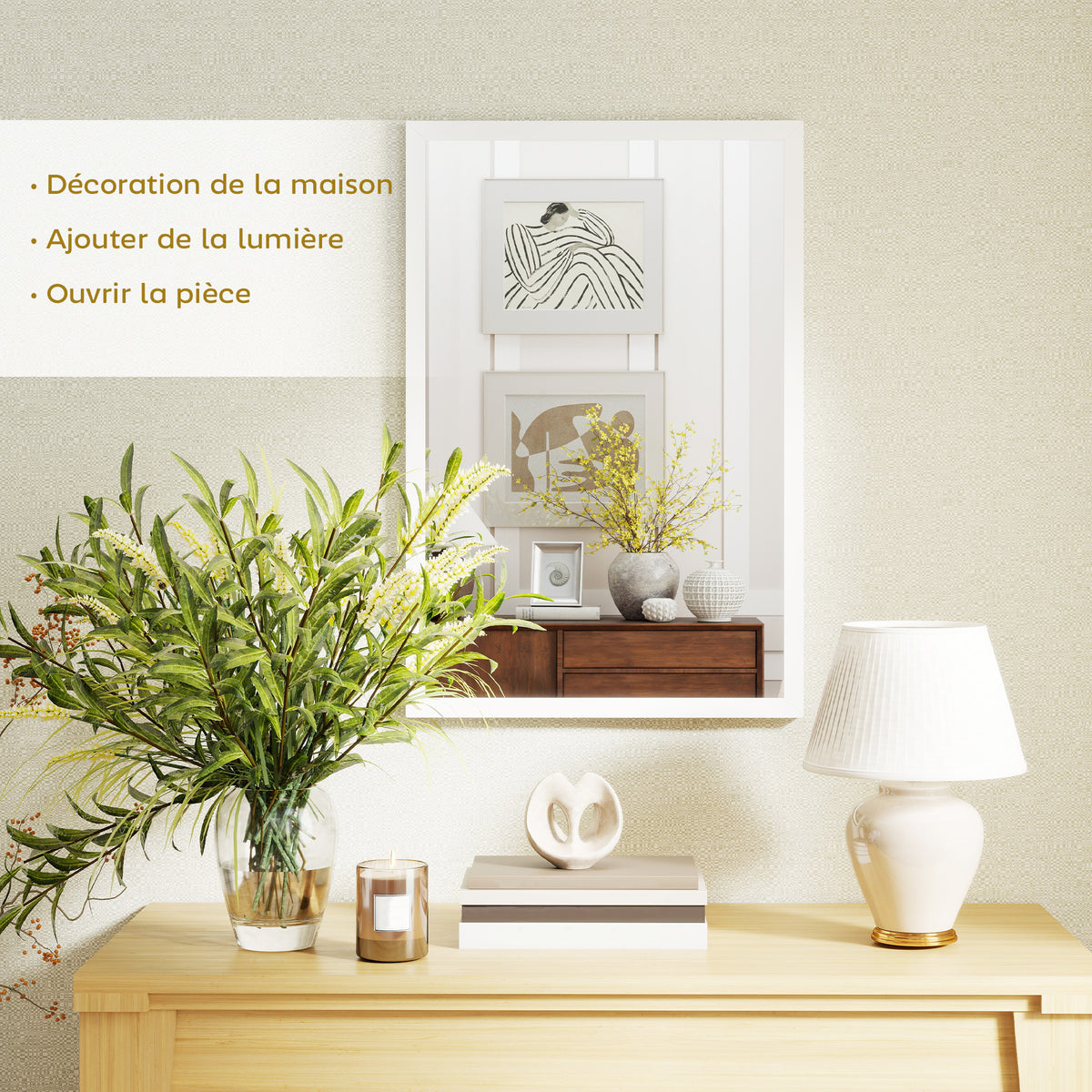 Miroir mural rectangulaire 60 x 40 cm, cadre en bois blanc, idéal pour la salle de bain, salon ou chambre