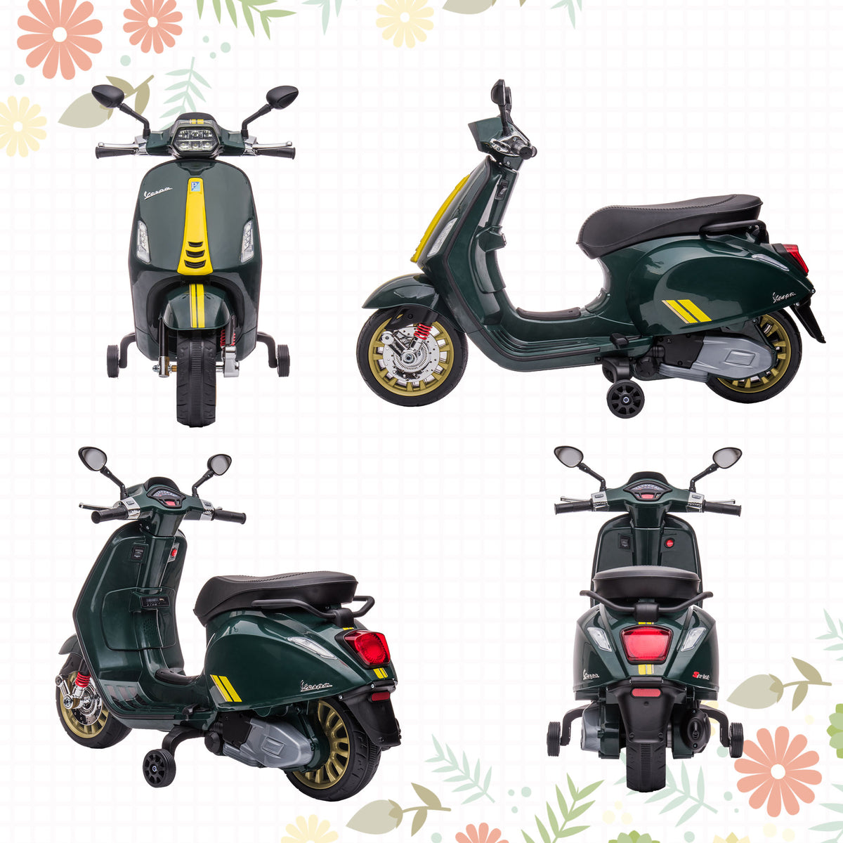 Scooter électrique enfant Vespa 6 V dim. 107L x 47l x 73H cm Musique MP3 Port USB Phare 2 roues d'entraînement - Vert