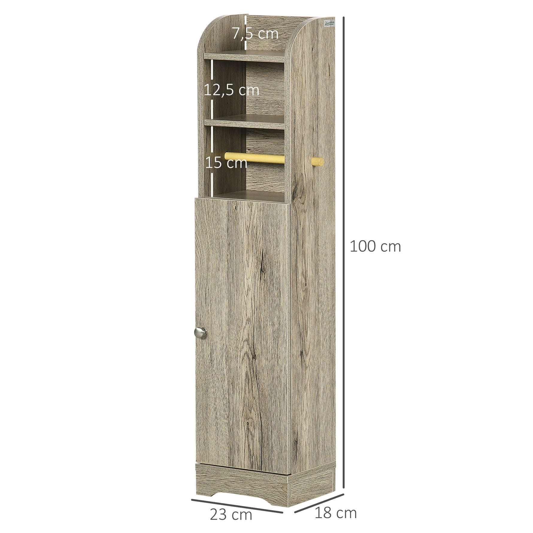 Meuble bas de salle de bain 1 étagère supérieure ouverte 2 compartiments et 1 placard 23 x 18 x 100 cm gris