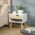 Table de chevet, table de nuit, avec tiroir, design moderne, pieds en bois massif, 50 x 39 x 51 cm, blanc et bois naturel