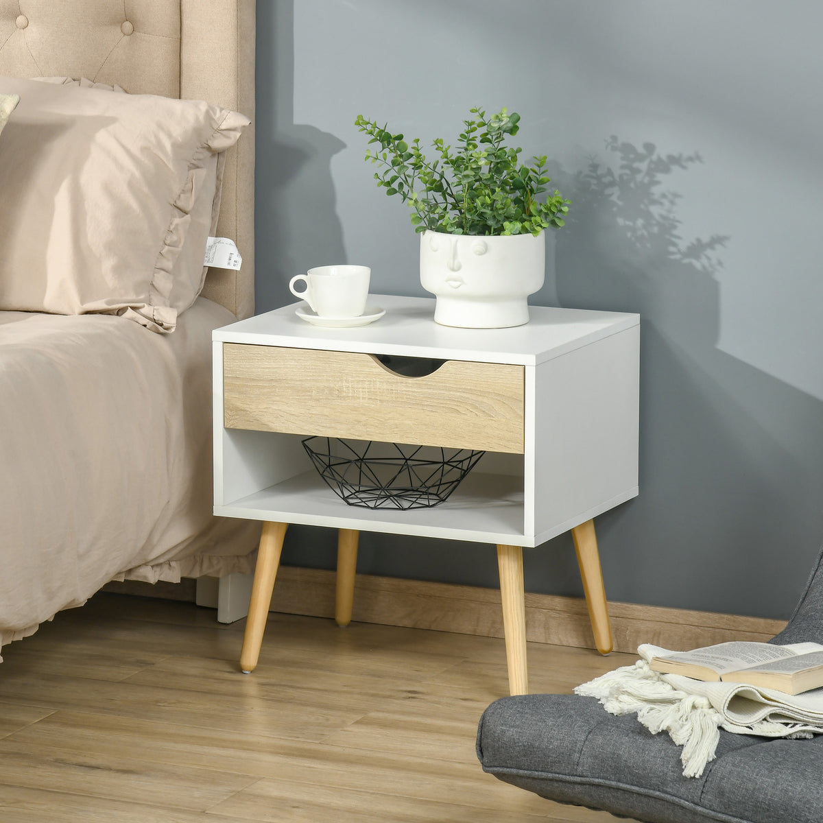 Table de chevet, table de nuit, avec tiroir, design moderne, pieds en bois massif, 50 x 39 x 51 cm, blanc et bois naturel