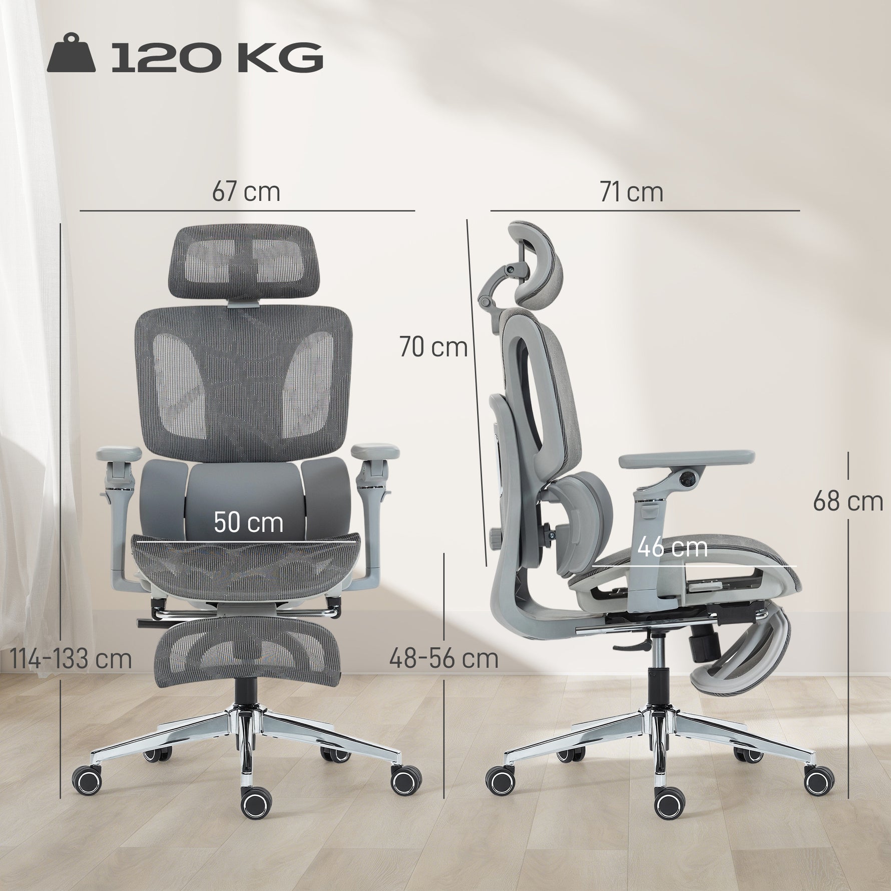Chaise Bureau Ergonomique avec Accoudoirs 6D Appui-Tête et Profondeur d'Assise Réglables Maille Gris