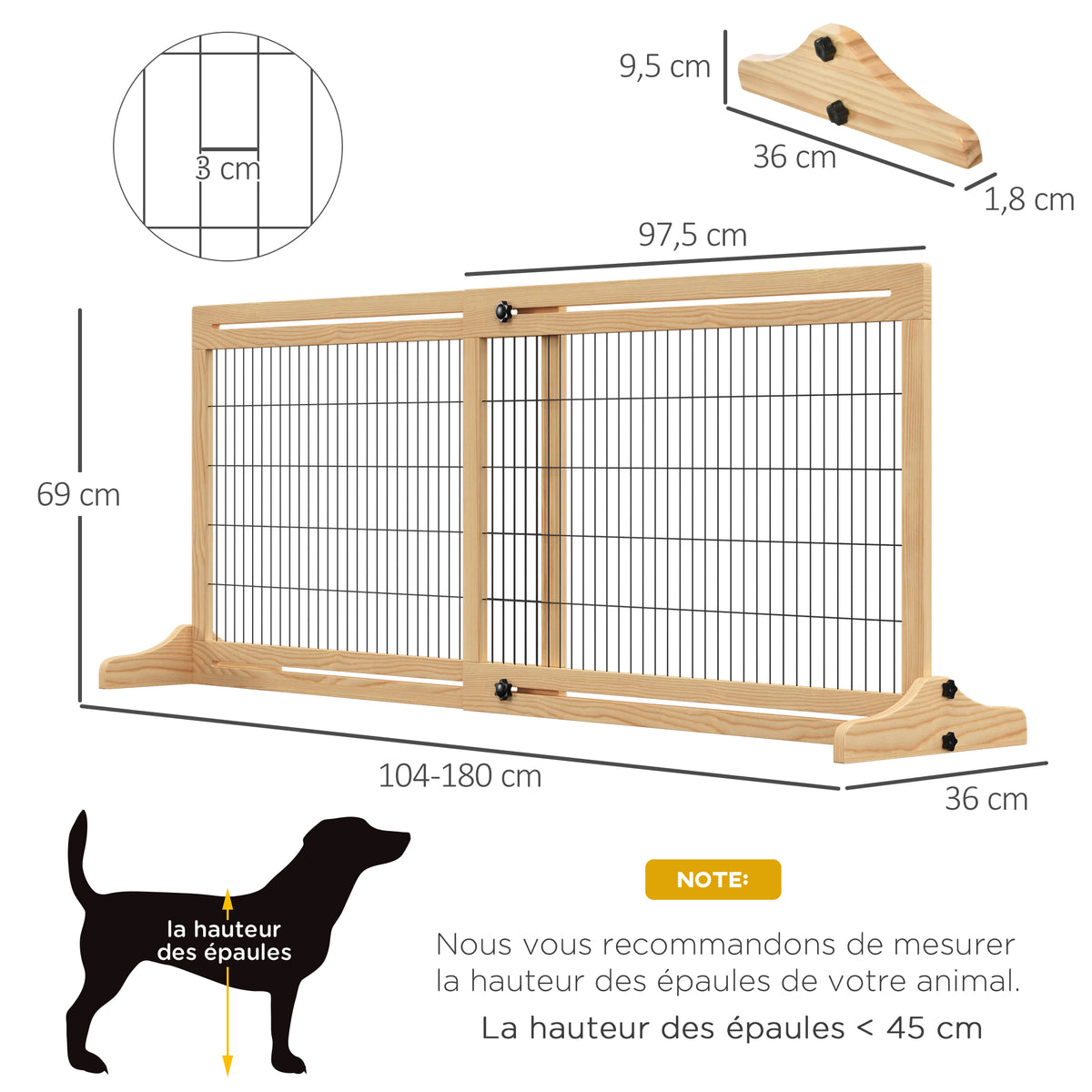Barriera di sicurezza per cani estensibile lunghezza regolabile 104-180 x 36 x 69 cm pino legno naturale