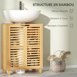Meuble sous Lavabo en Bambou, Meuble de Salle de Bain avec 2 Portes Persiennes, Étagère Réglable, Bois Naturel