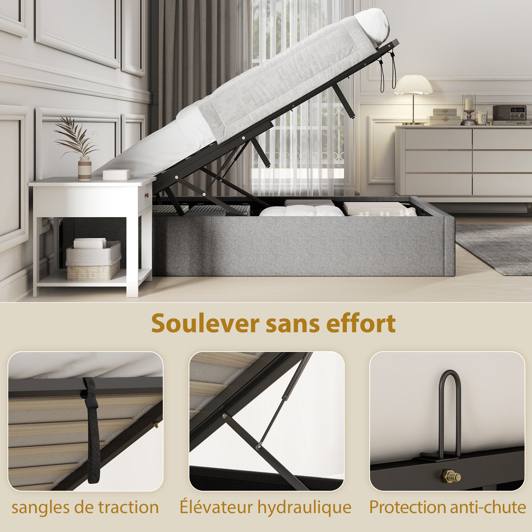 Lit coffre 140 x 190 cm, cadre de lit double rembourré, sommier à lattes en bois, rangement caché, sans bruit, gris