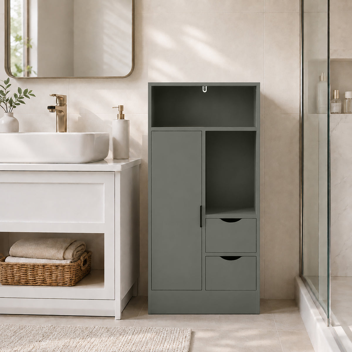Mobiletto da bagno, mobile contenitore stretto con 2 cassetti, scomparti a giorno, 50x25x100 cm, verde chiaro