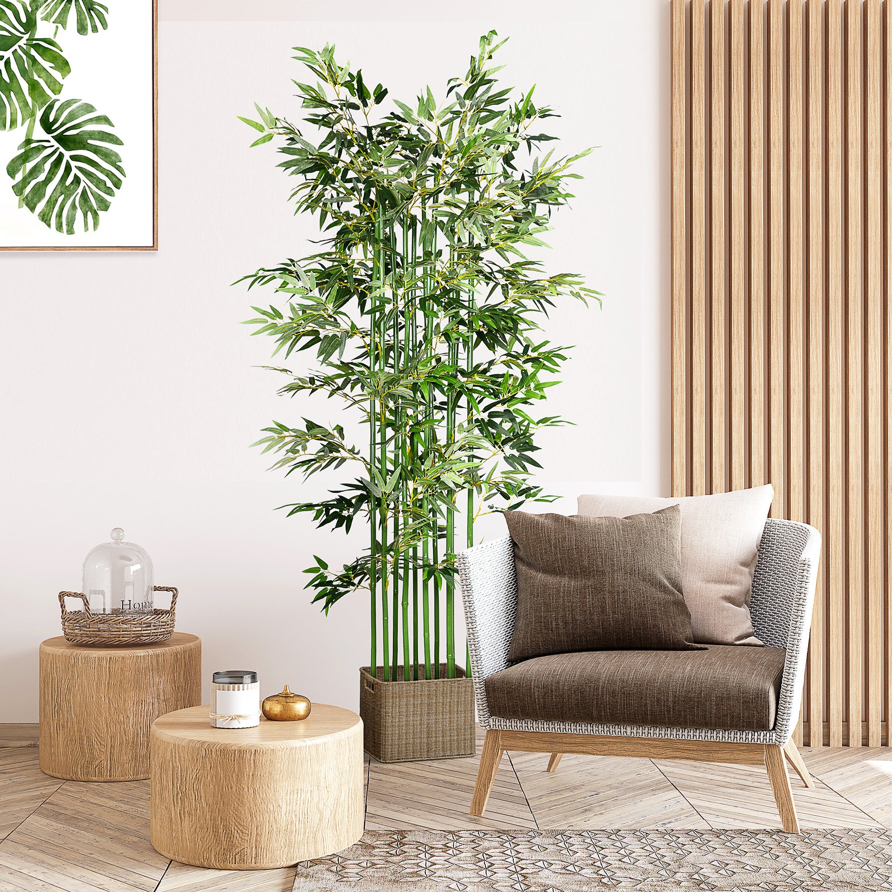 Bambou Artificiel 180 cm, Feuilles Réalistes et Pot en Bois de Pin, Facile à Nettoyer, pour Maison Bureau, Vert