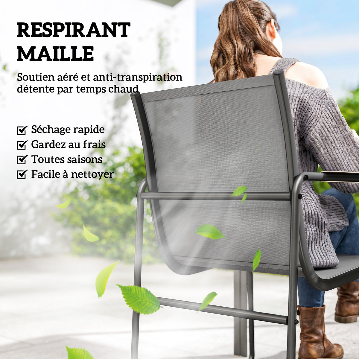 Ensemble de Salle à Manger d'Extérieur 7 Pièces pour 6 Personnes, Table en Verre et Chaises en Maille avec Accoudoirs Décoratifs, Gris