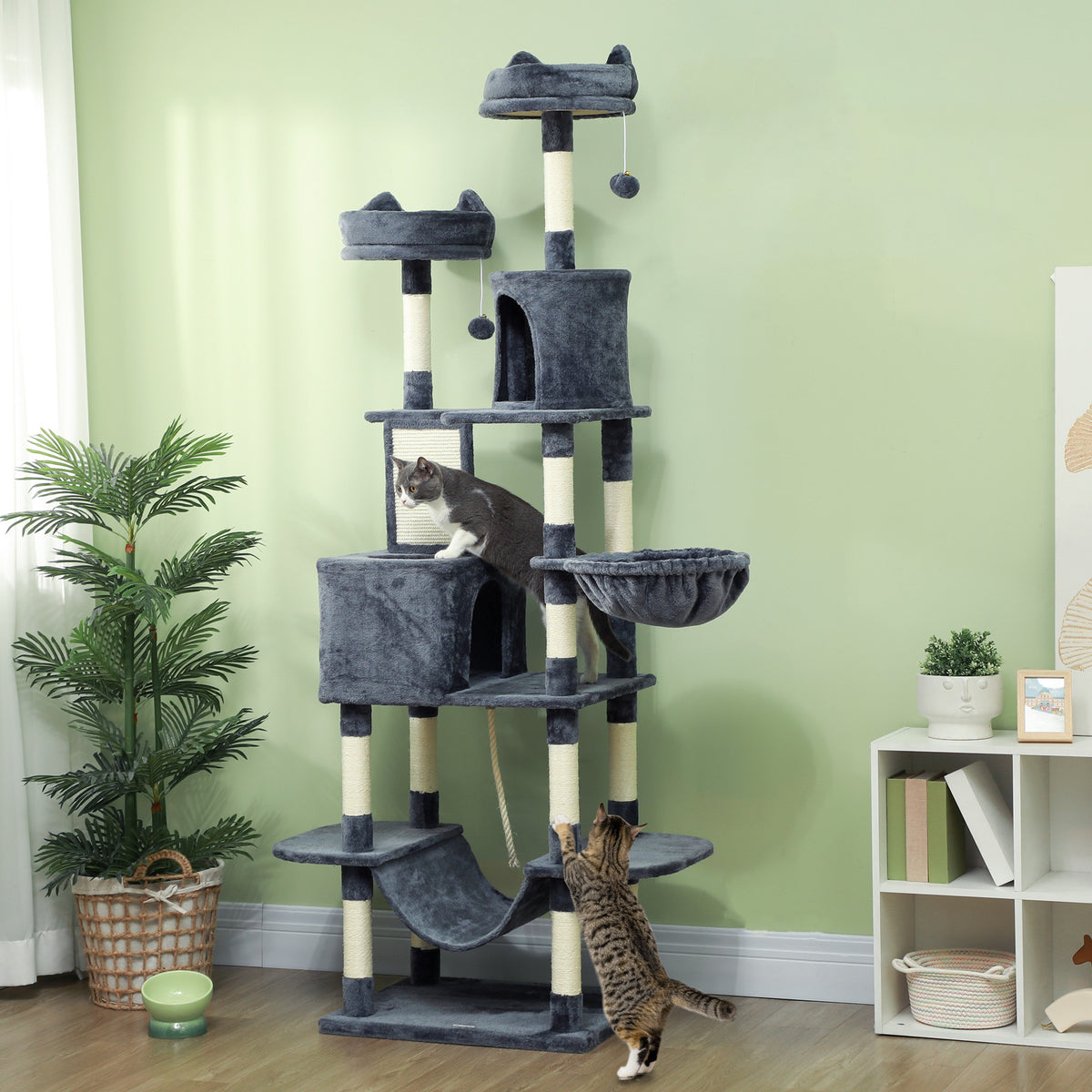 Kratzbaum 206 cm Spielturm für Katzen aus Plüsch mit mehreren Ebenen, ideal für 1-3 Katzen, 60 x 50 x 206 cm, dunkelgrau