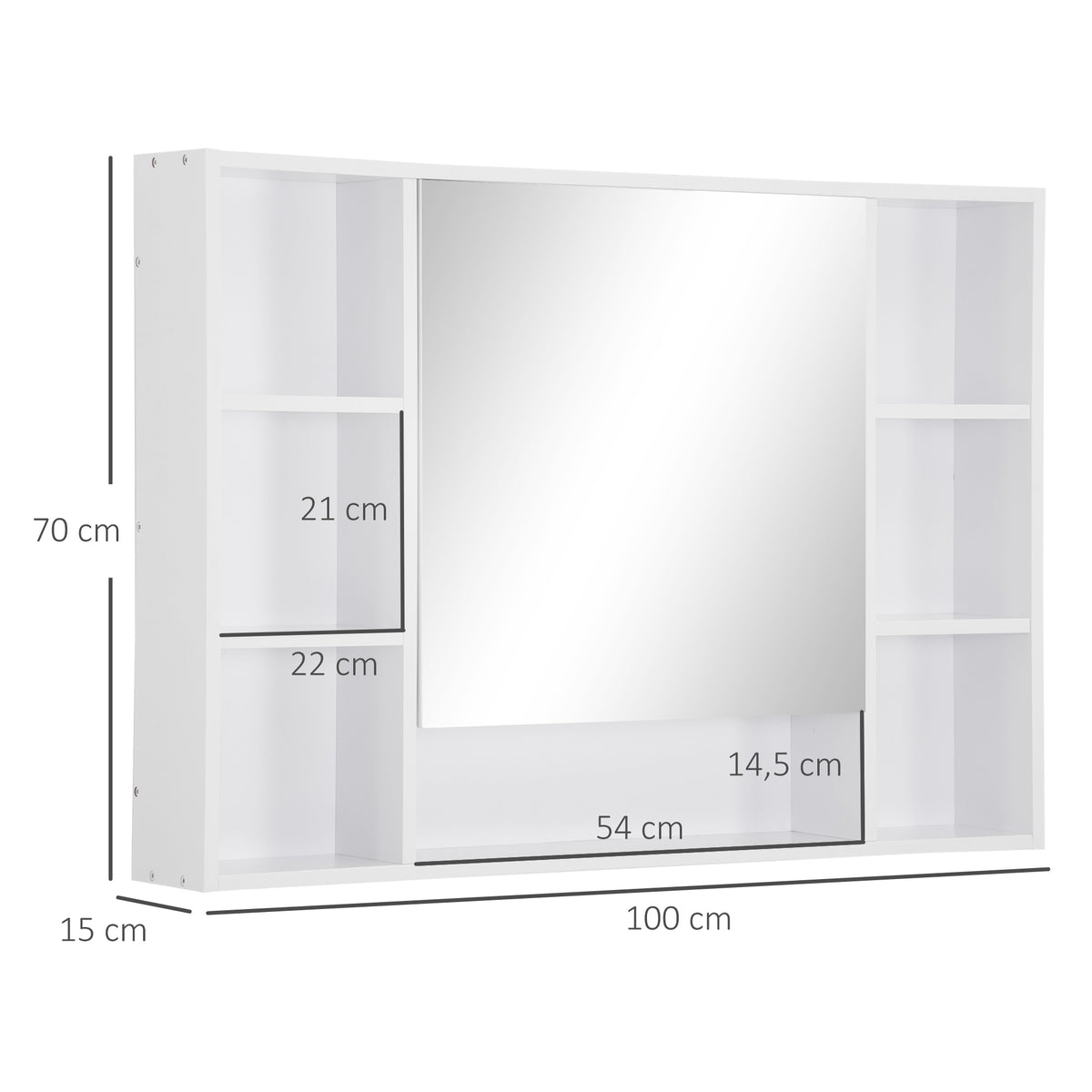 Armoire murale salle de bain avec miroir, meuble salle de bain, 7 étagères ouvertes et placard,100 x 15 x 70 cm, blanc