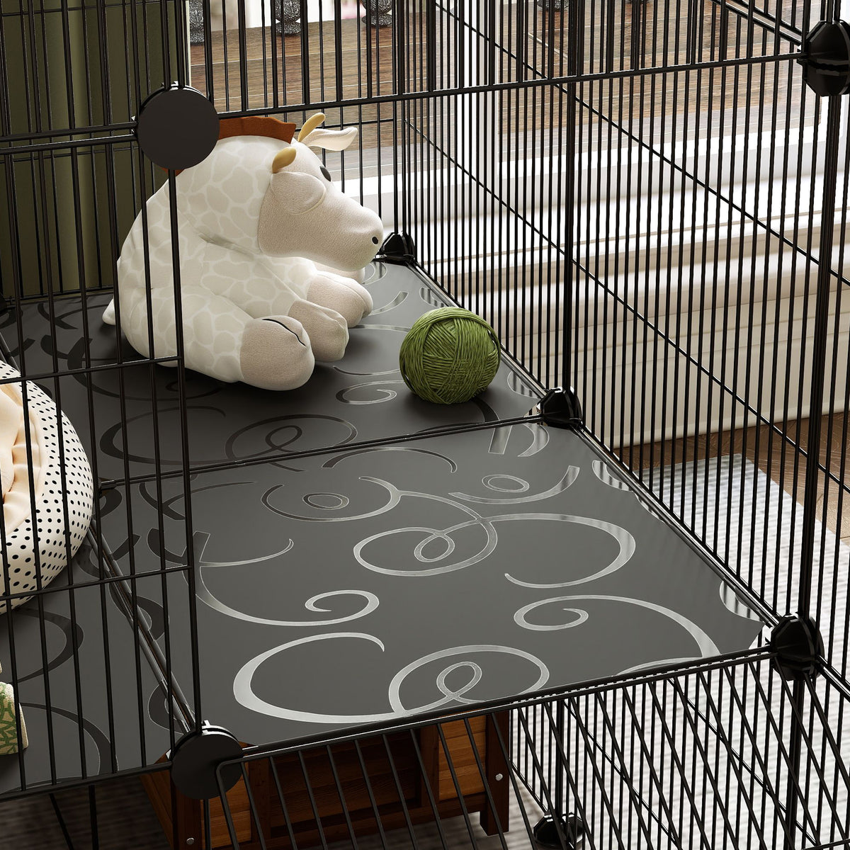 Dierenren voor kleine dieren, modulaire konijnenkooi met 2 niveaus, 39 panelen met helling, staal, 140 x 70 x 105 cm, zwart