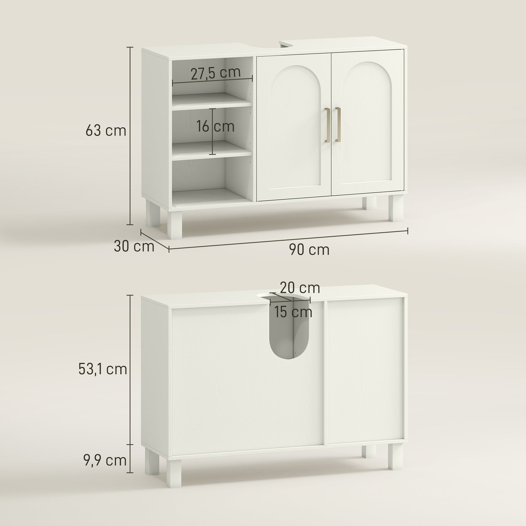 Meuble sous lavabo meuble de salle de bain avec placard à deux niveaux étagères réglables 90l x 30P x 63H cm crème