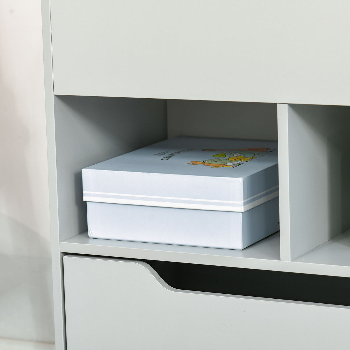Bibliothèque étagère Multi-Rangement 3 étagères 2 niches Grand tiroir en bois Gris