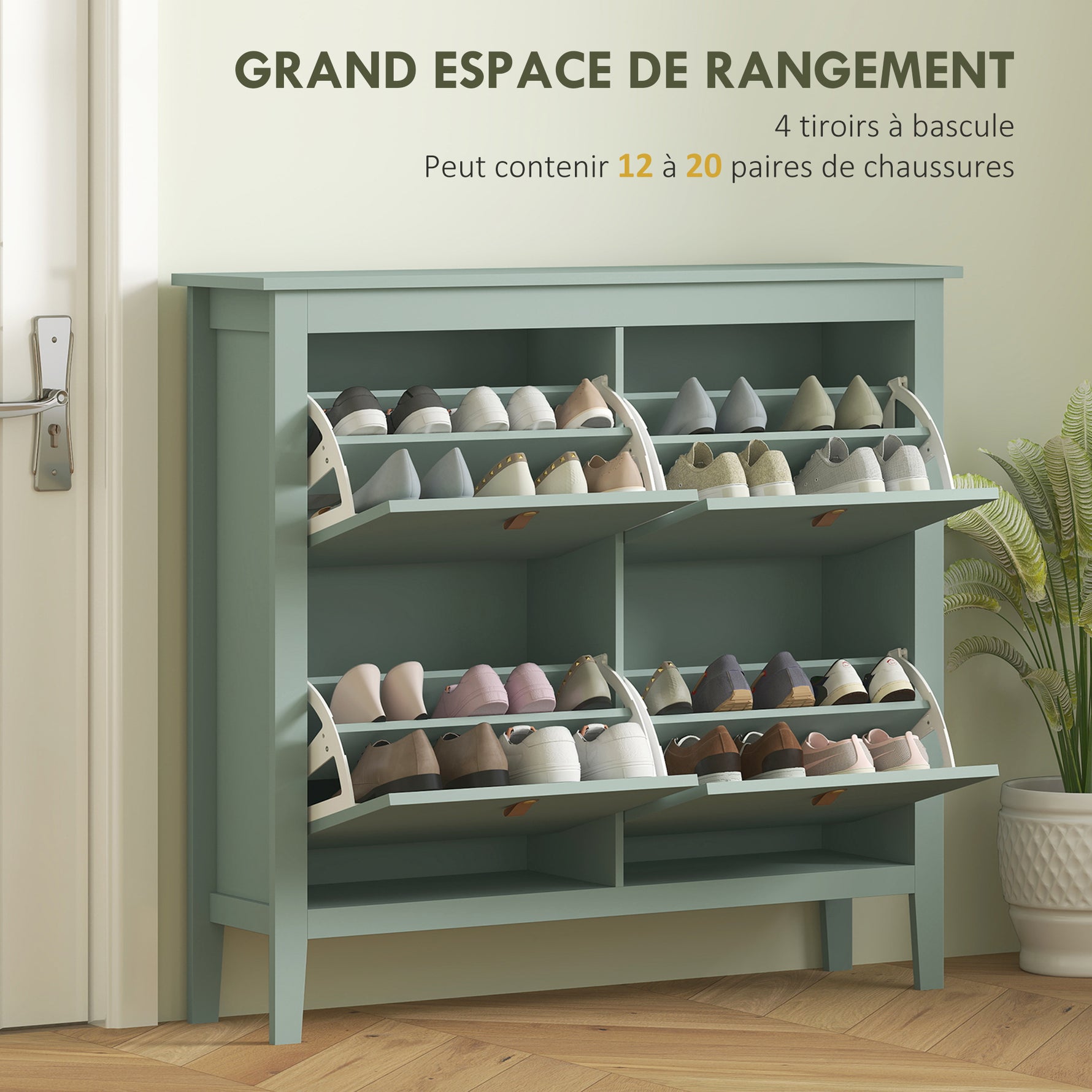Meuble à chaussures 20 paires, armoire à chaussures avec 4 tiroirs rabattables, étagères amovibles et réglables, vert