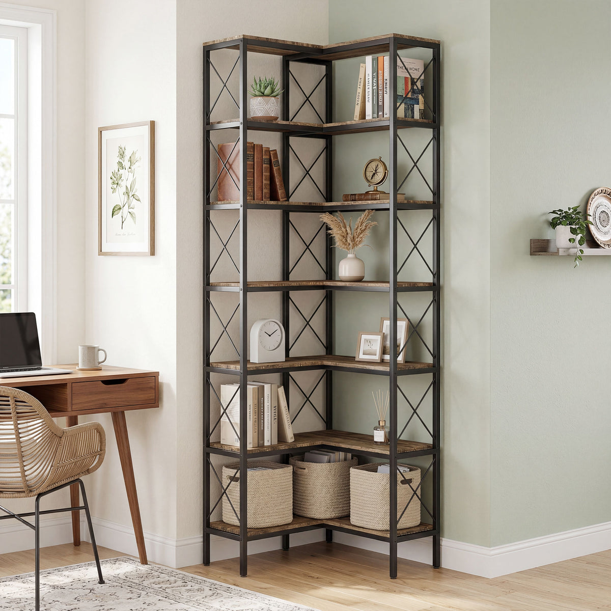 Bibliothèque d'angle à 6 niveaux, meuble de rangement en métal pour salon, chambre, bureau, 60x60x200cm, brun rustique