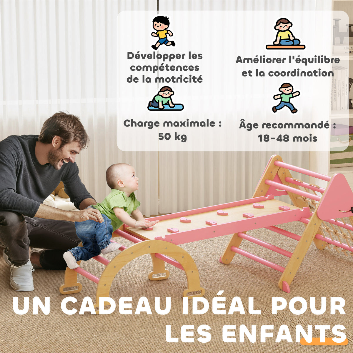 Triangle d'escalade enfants 8 en 1 avec rampe double face, arc d'escalade en bois avec toboggan & échelle, rose