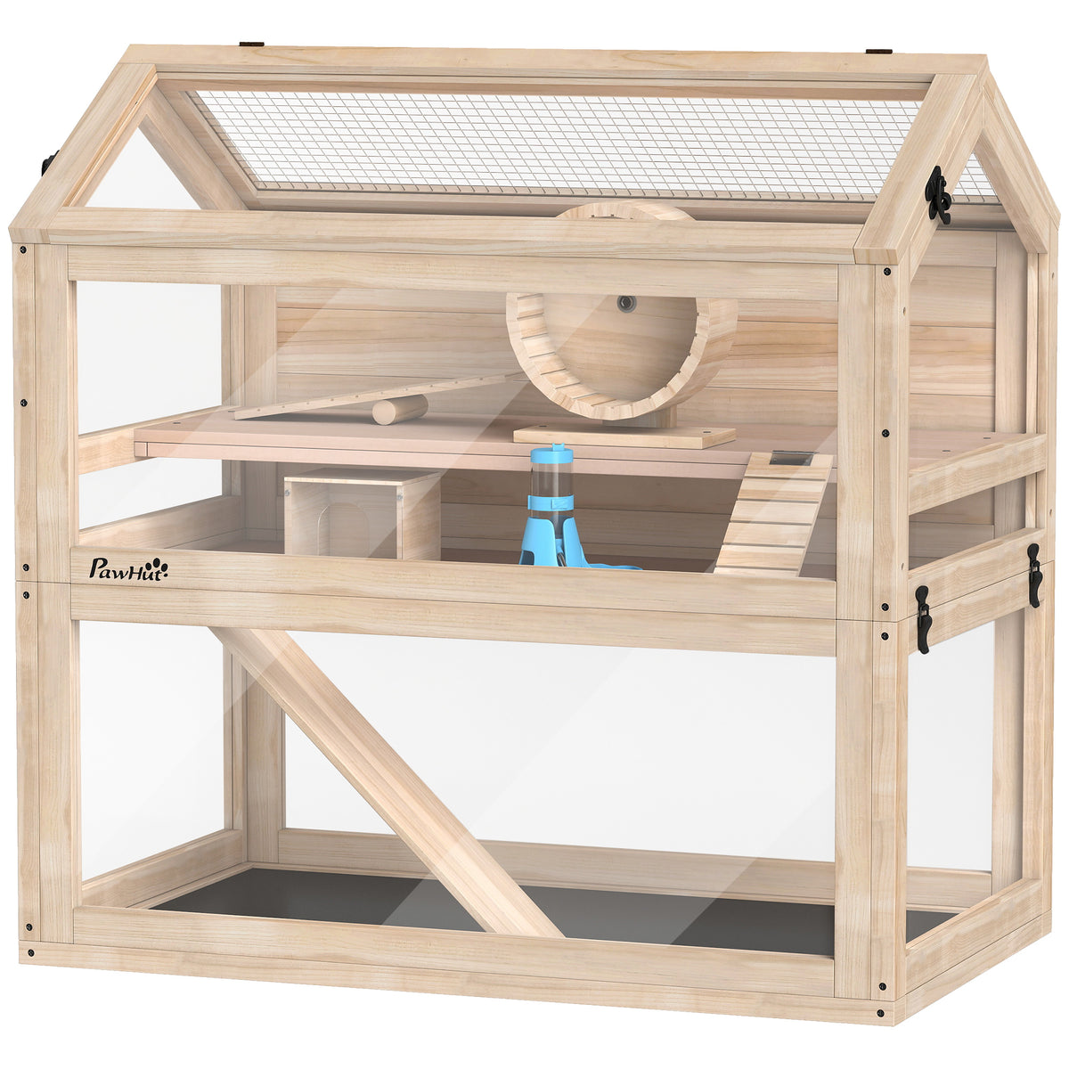 Gabbia per criceti Habitat per roditori 3 piani vaschetta impermeabile pannelli in acrilico con vista a 360° accessori 76x45,5x77cm legno