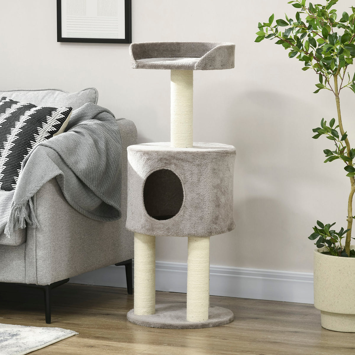 Arbre à chat griffoirs grattoirs sisal naturel arbre à grimper niche plate-forme en peluche hauteur 103 cm gris