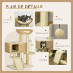 Arbre à chat avec griffoir niche panier d'observation plateformes pompon suspendus 60 x 40 x 98 cm beige