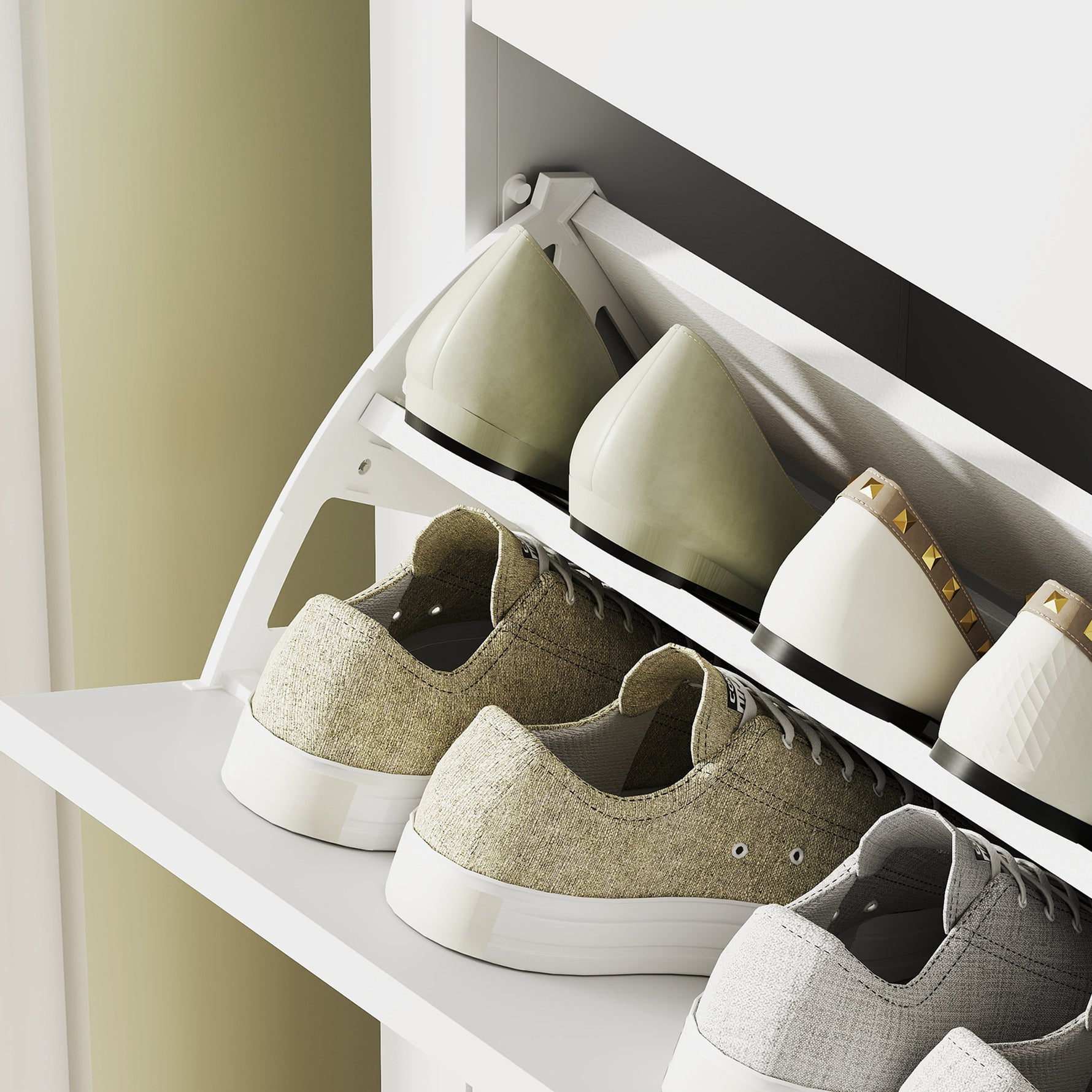Meuble à chaussures 14 paires, armoire à chaussures avec 2 tiroirs rabattables, étagères amovibles et réglables, blanc