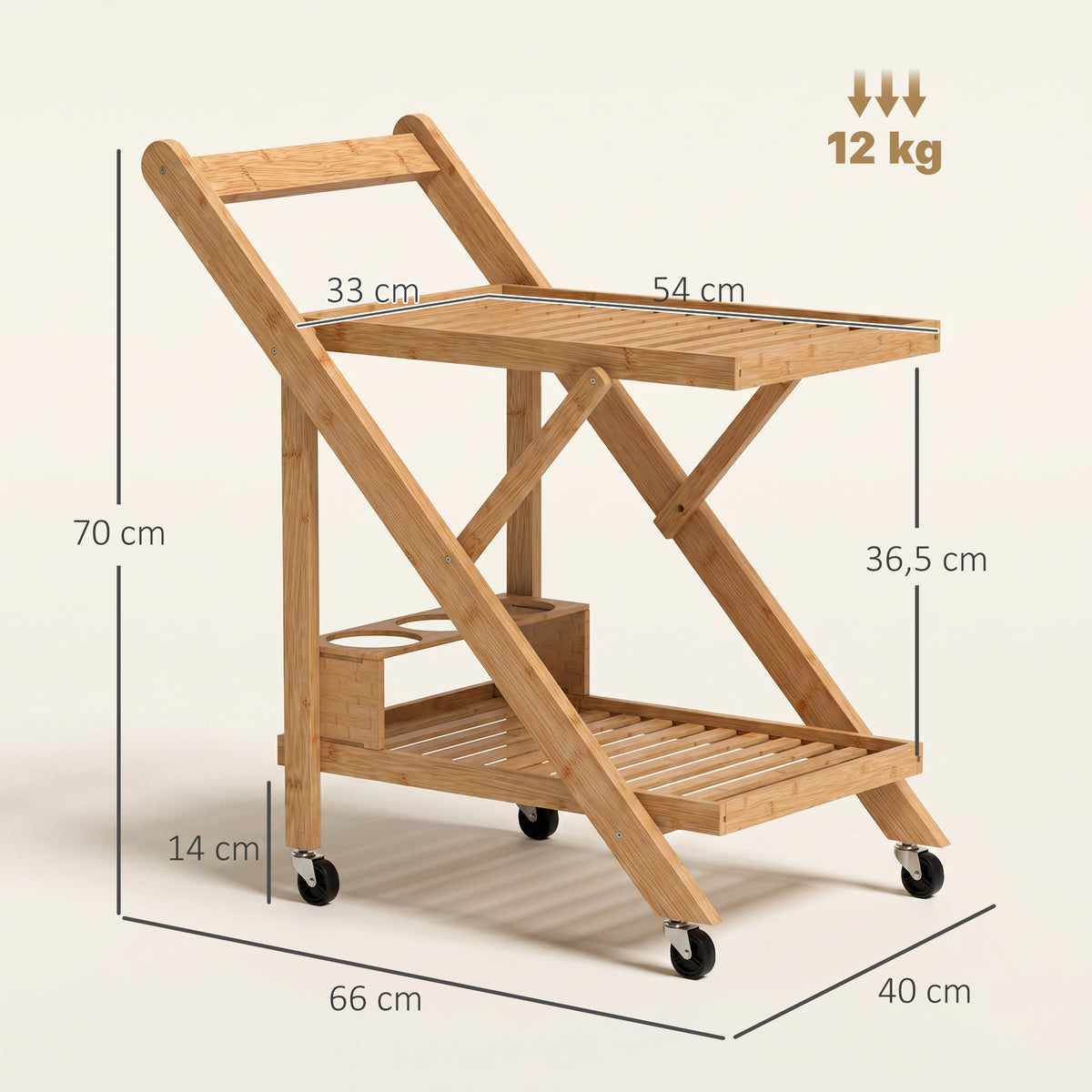 Desserte de cuisine en bambou chariot de service pliable 2 plateaux 4 roues 3 casiers à vin 66 x 40 x 70 cm bois naturel