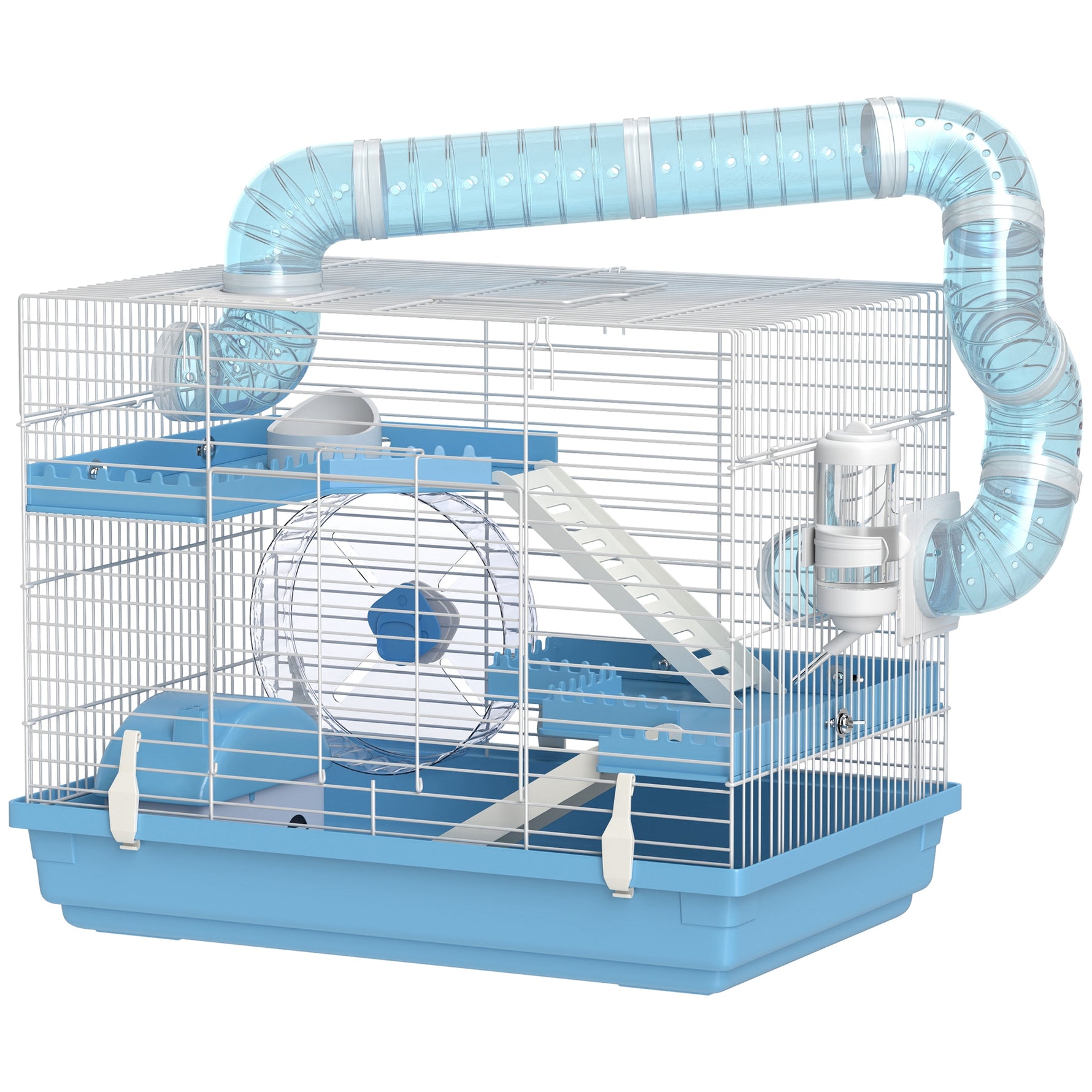 Cage pour hamster portable avec cabane, roue de course, gamelle, bouteille d'eau, 47,5 x 31,5 x 29,5 cm, bleu clair