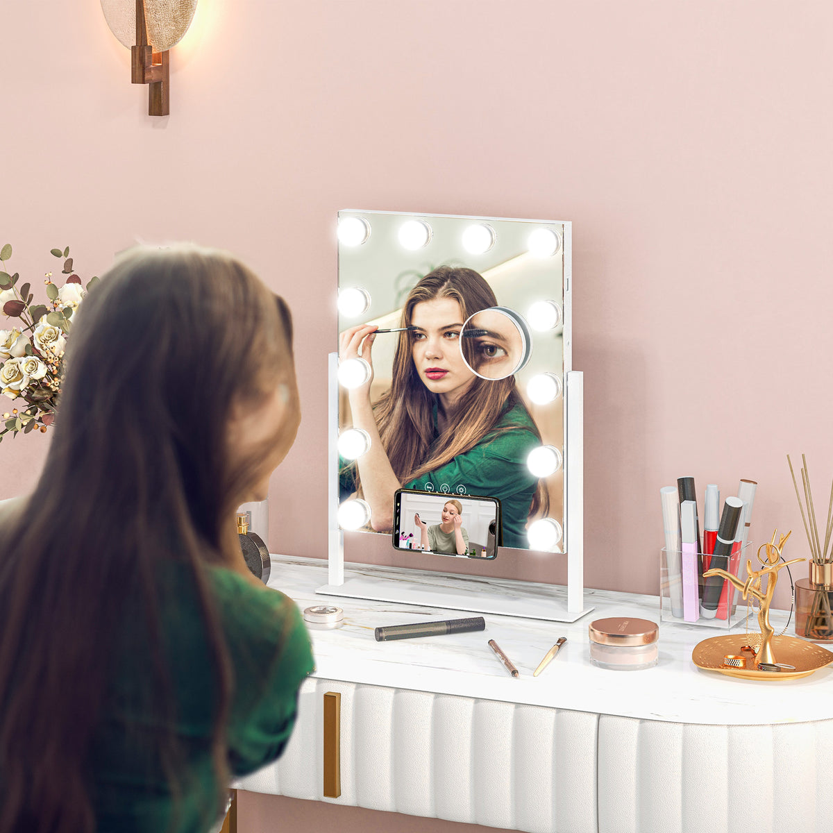 Miroir Hollywood avec LED 12 ampoules, luminosité réglable, rotation à 360°, grossissement 10X, touche tactile, blanc