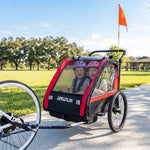 Remolque de bicicleta para niños 2 en 1, cochecito de bicicleta para bebés de 2 plazas, manillar ajustable, freno de mano, cinturón de seguridad, rojo