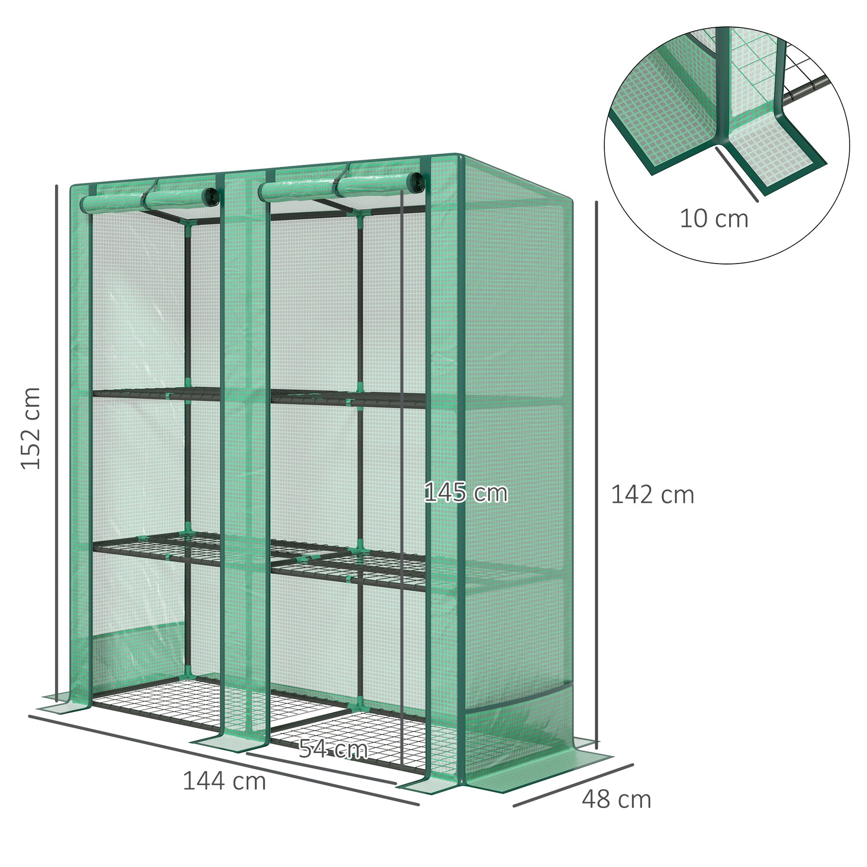 Serre de jardin avec étagères métalliques à 3 niveaux serre de balcon couverture PE toit incliné 144 x 48 x 152 cm vert