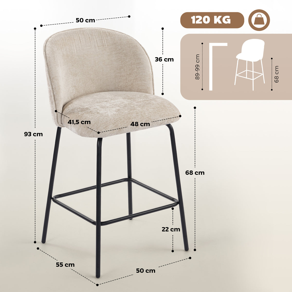 Lot de 2 tabourets de bar, chaises de bar avec repose-pieds et dossier, tissu en chenille, hauteur d'assise 68 cm, beige