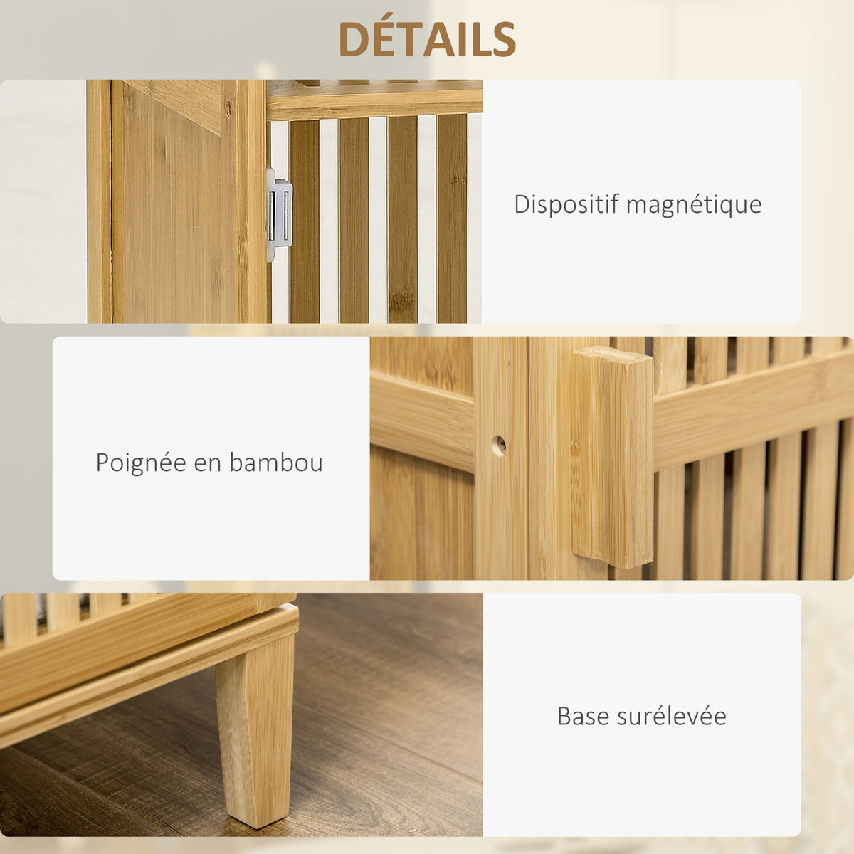 Meuble de rangement en bambou avec étagères et porte design à lamelles pour salle de bain chambre salon 40 x 30 x 140 cm