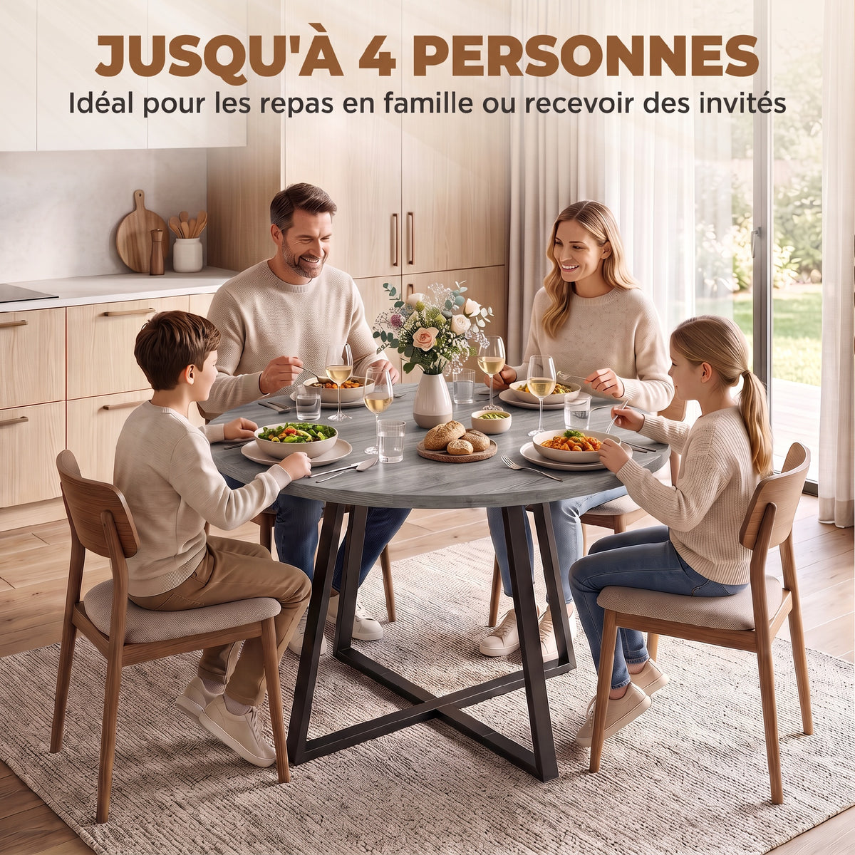 Round Dining Table for 4 People Ø 100 cm, Square Carbon Steel Frame, Industrial Style, Grey Wood Effect
