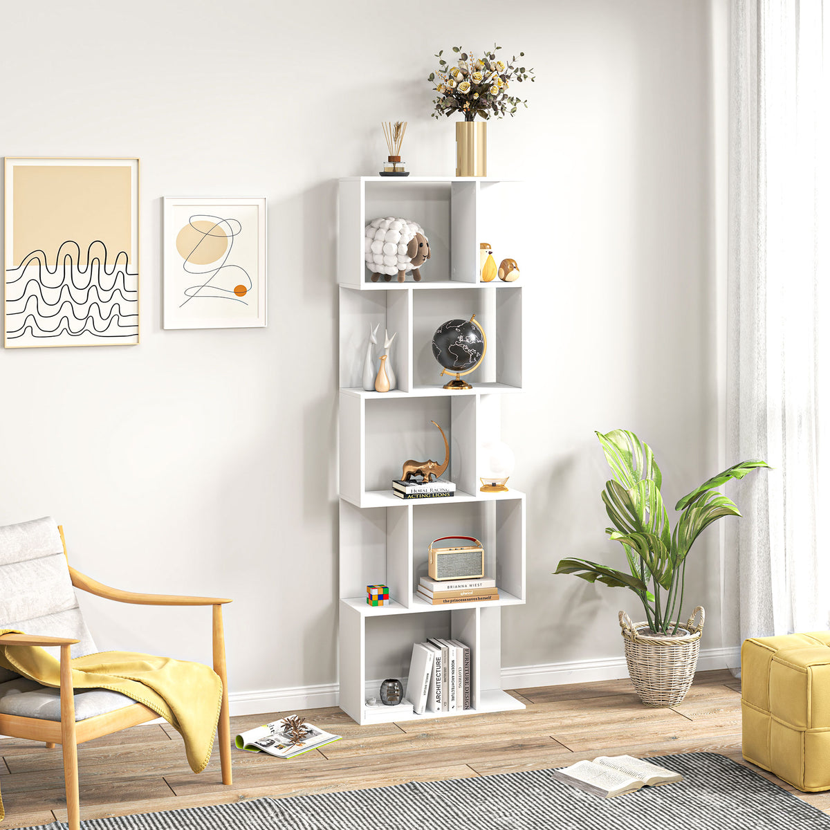 Bibliothèque à 5 niveaux, meuble de rangement en forme de S avec étagères, 60 x 24 x 184,5 cm, blanc