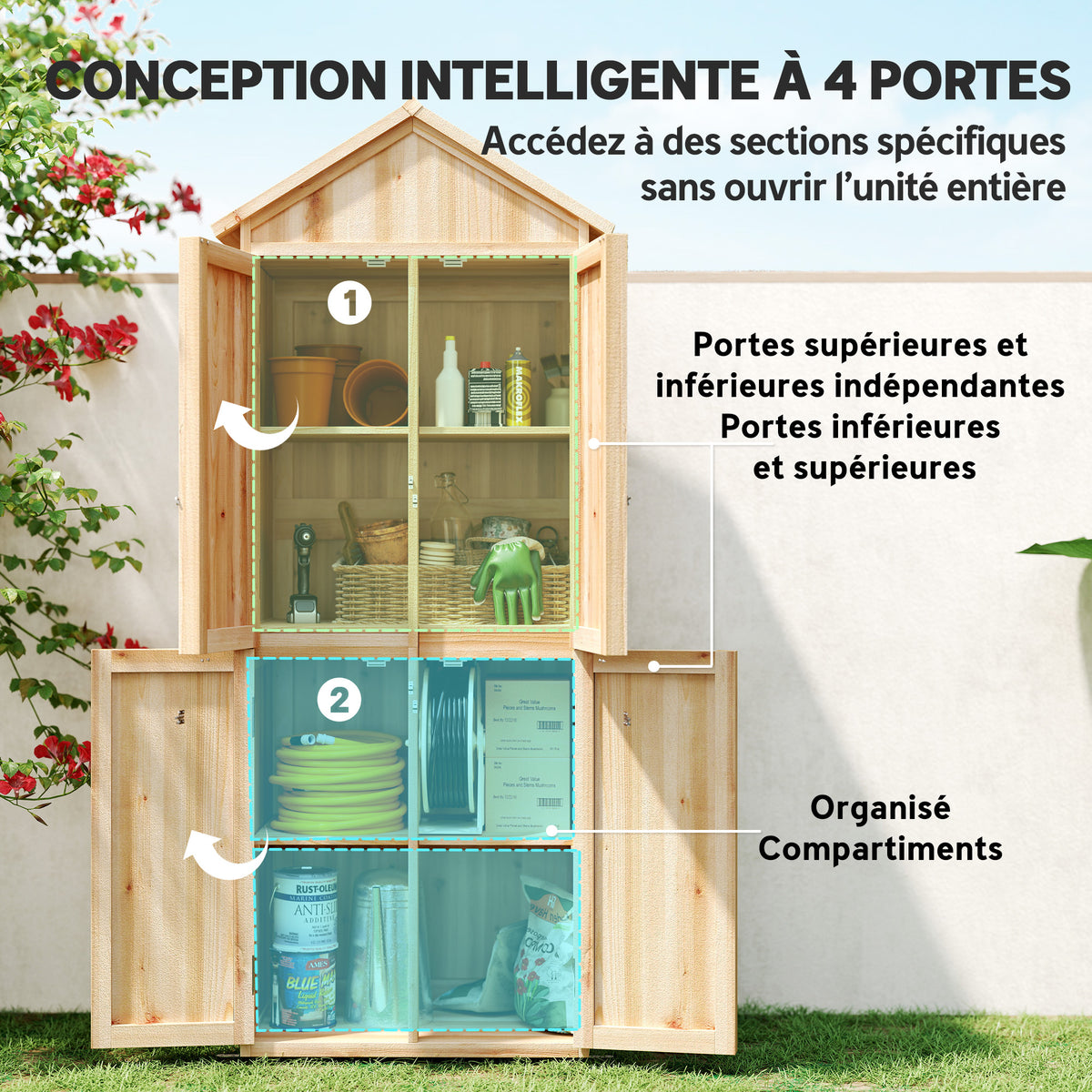 Armoire de Jardin en Bois Abri à Outils Rangement Extérieur Toit en Pointe en Asphalte 82x50x190cm Bois Naturel