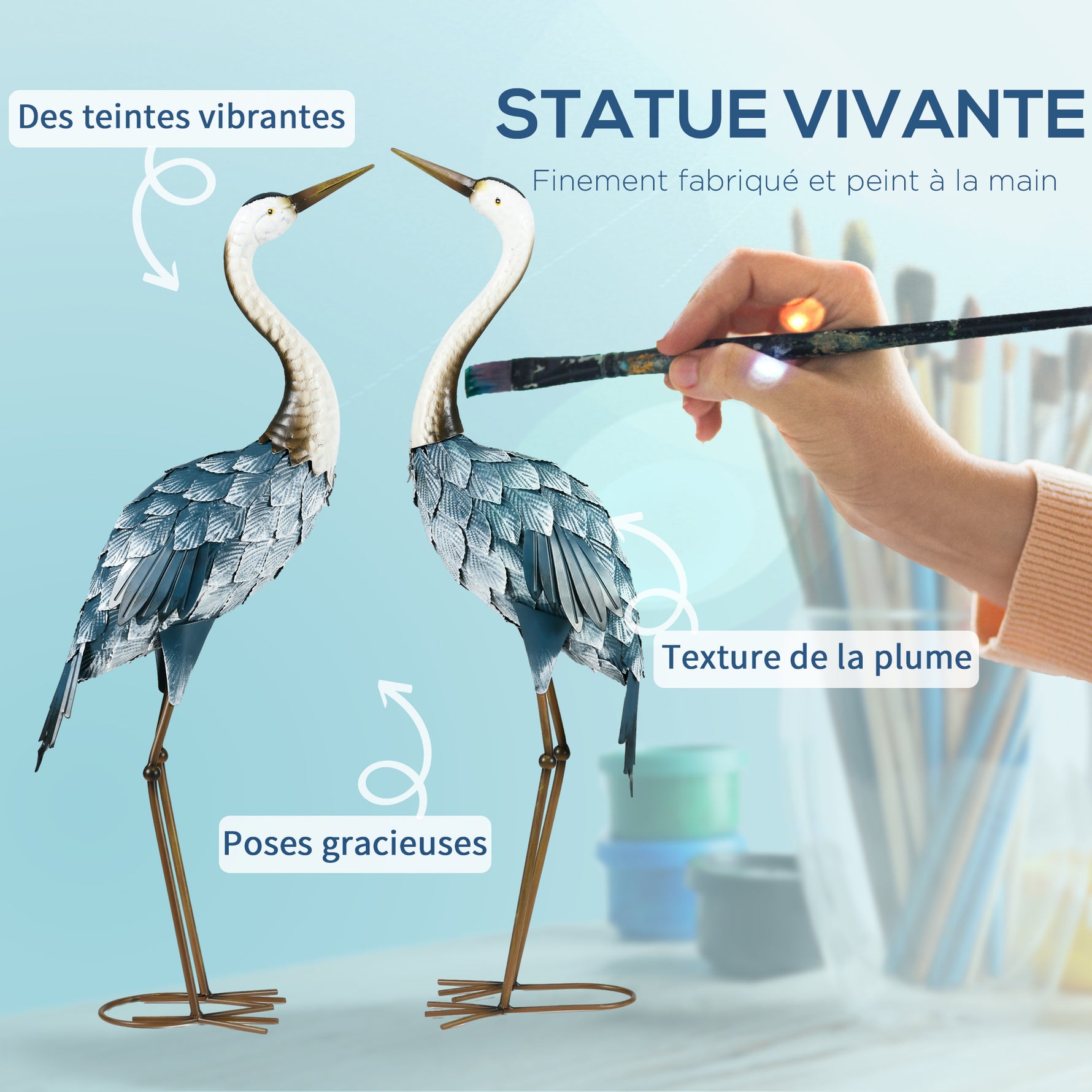 Lot de 2 statues de jardin sculpture de la grue décoration d'oiseau extérieure acier pour terrasse balcon cour pelouse